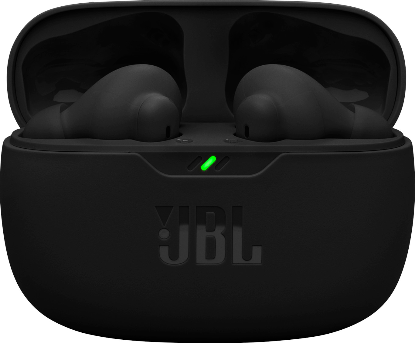 Écouteurs JBL noirs dans leur étui de chargement avec une lumière verte.