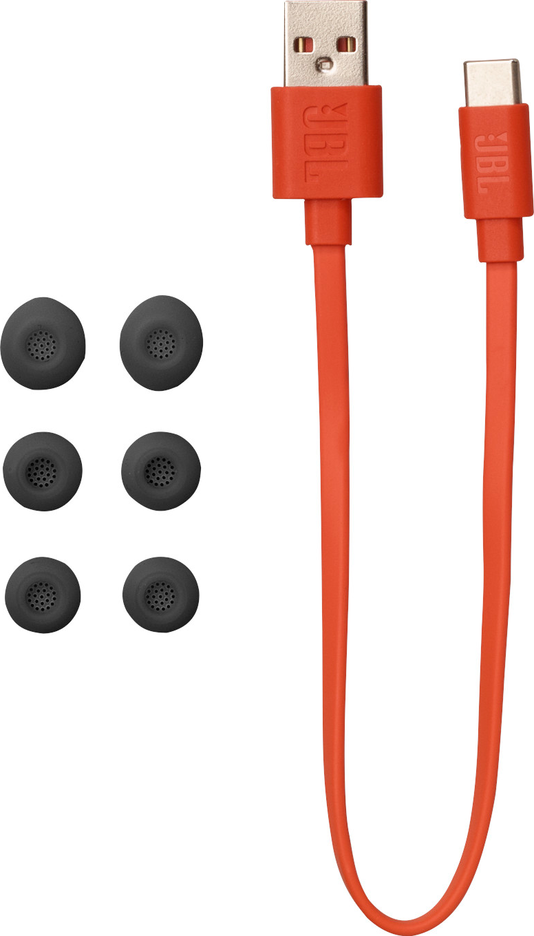 Câble de charge JBL orange avec connecteurs USB et USB-C, six embouts gris.