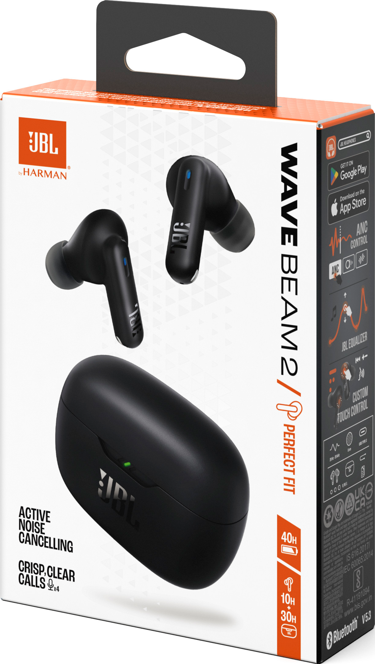 Écouteurs JBL Wave Beam 2 noirs dans une boîte avec les écouteurs et l'étui de chargement visibles.