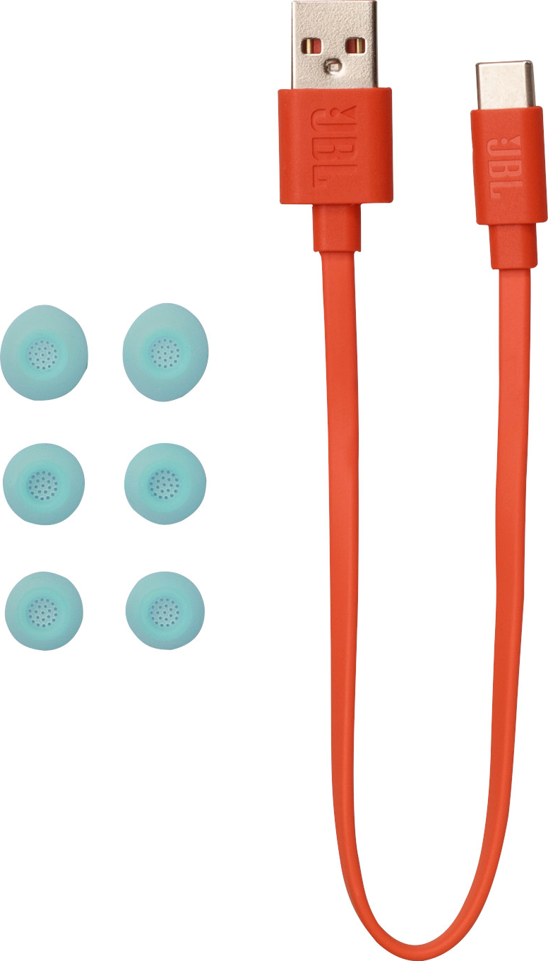 Oranges USB-A-zu-USB-C-Kabel mit sechs hellblauen Ohrhörerspitzen, alles auf weißem Hintergrund.