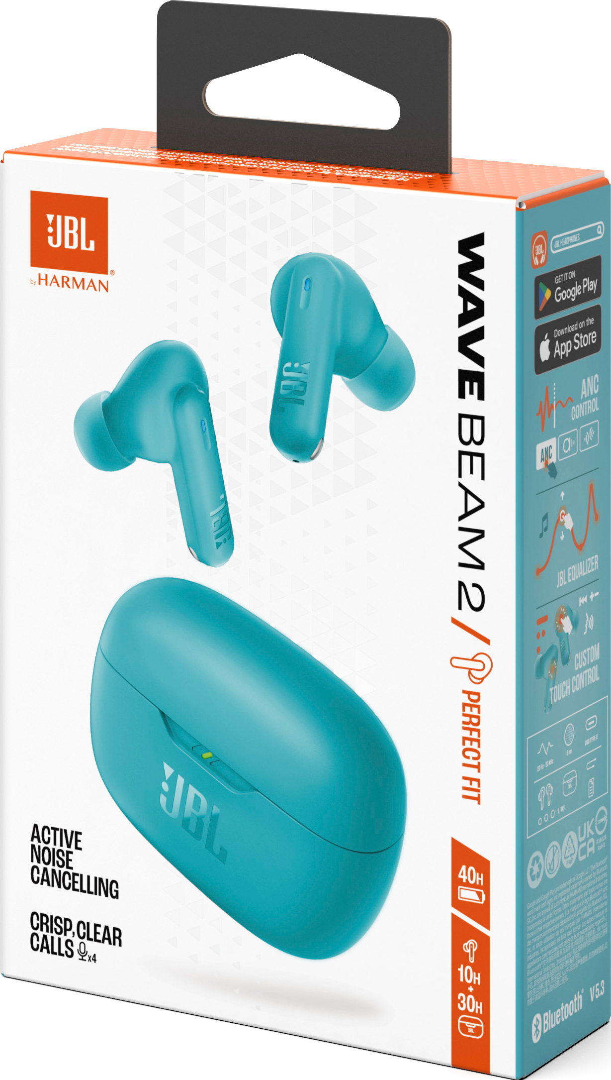 Verpackte blaue JBL Wave Beam 2 Ohrhörer mit Ladecase, Produktmerkmale werden gezeigt.