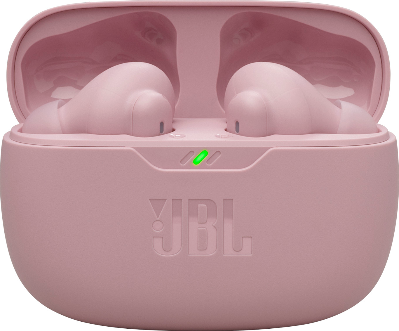 Rosa JBL-Ohrhörer in einer Ladebox. Grünes Licht zeigt den Ladestatus an.