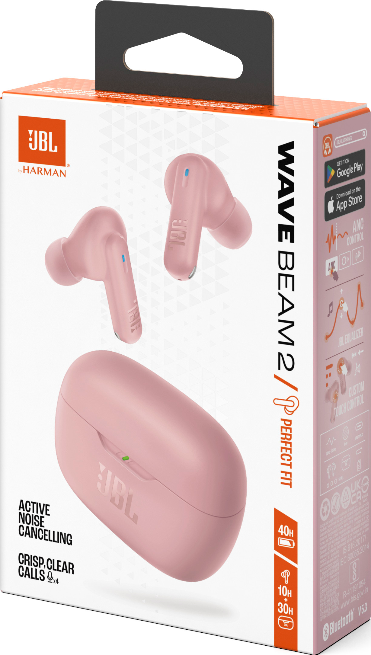 Rosa JBL Wave Beam 2 Ohrhörer in einem Ladeetui und eine Schachtel mit Text und Bildern.