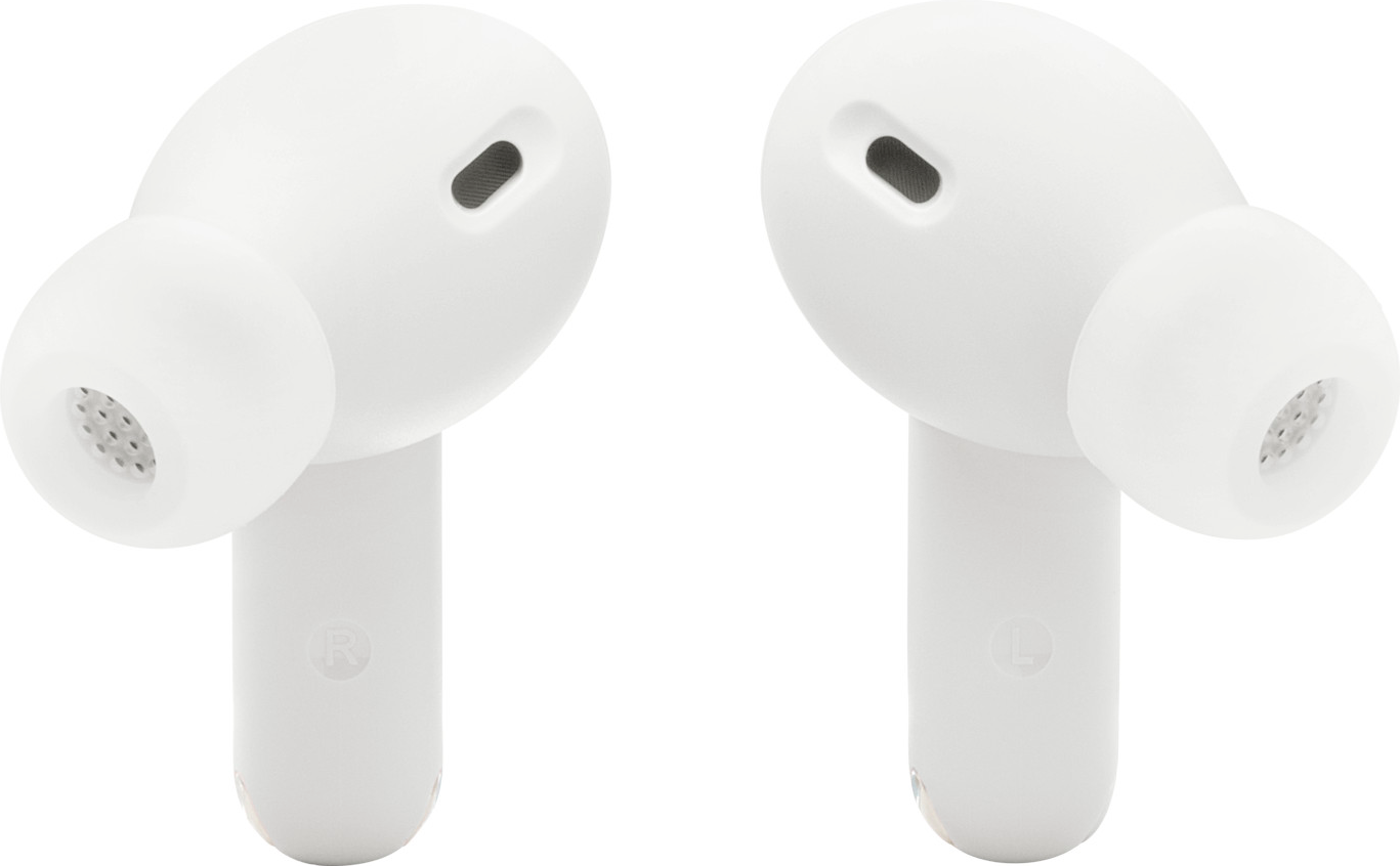 Due auricolari wireless bianchi, ciascuno con un piccolo altoparlante e un design arrotondato.