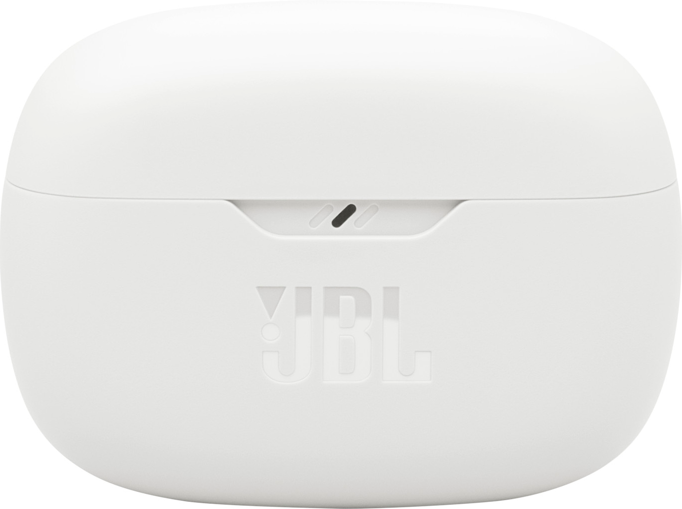 Custodia di ricarica bianca per auricolari JBL con il logo JBL.