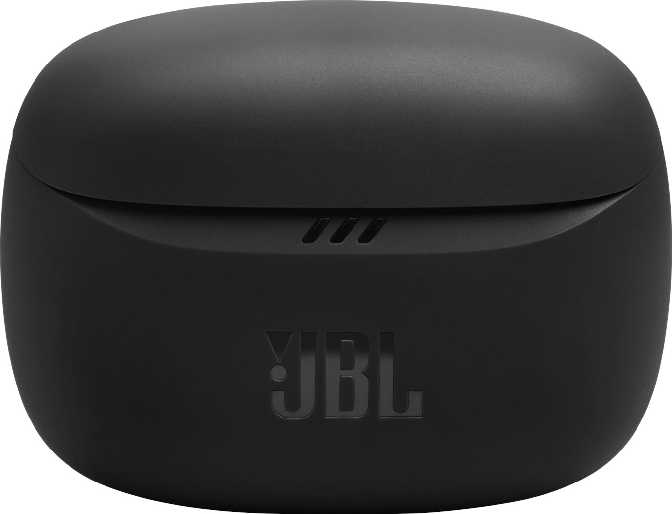 Schwarzes JBL-Ohrhörer-Ladecase, geschlossen. Das Case ist glatt, mit dem JBL-Logo auf der Vorderseite.