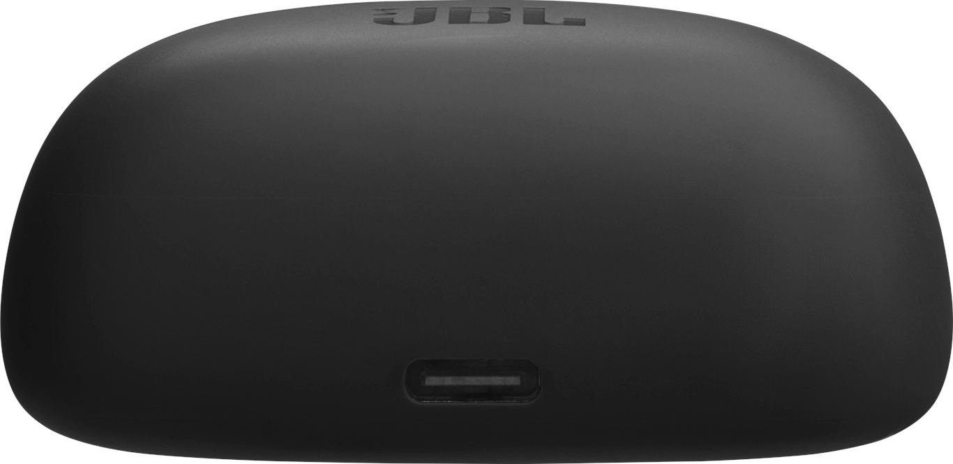 Schwarzes JBL-Ladecase. Ein USB-Anschluss ist unten sichtbar. Das JBL-Logo ist oben.