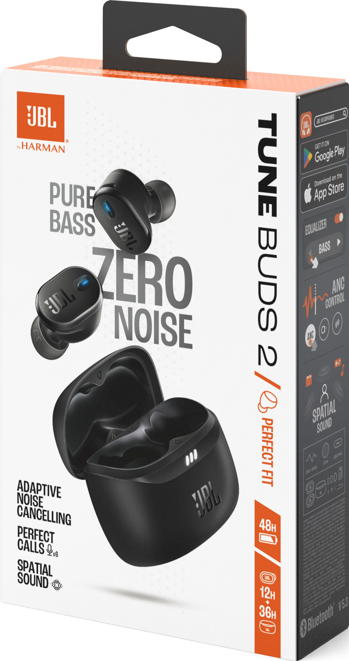 Schachtel mit JBL Tune Buds 2 Kopfhörern. Die Schachtel ist weiß und schwarz. Die Kopfhörer sind schwarz.