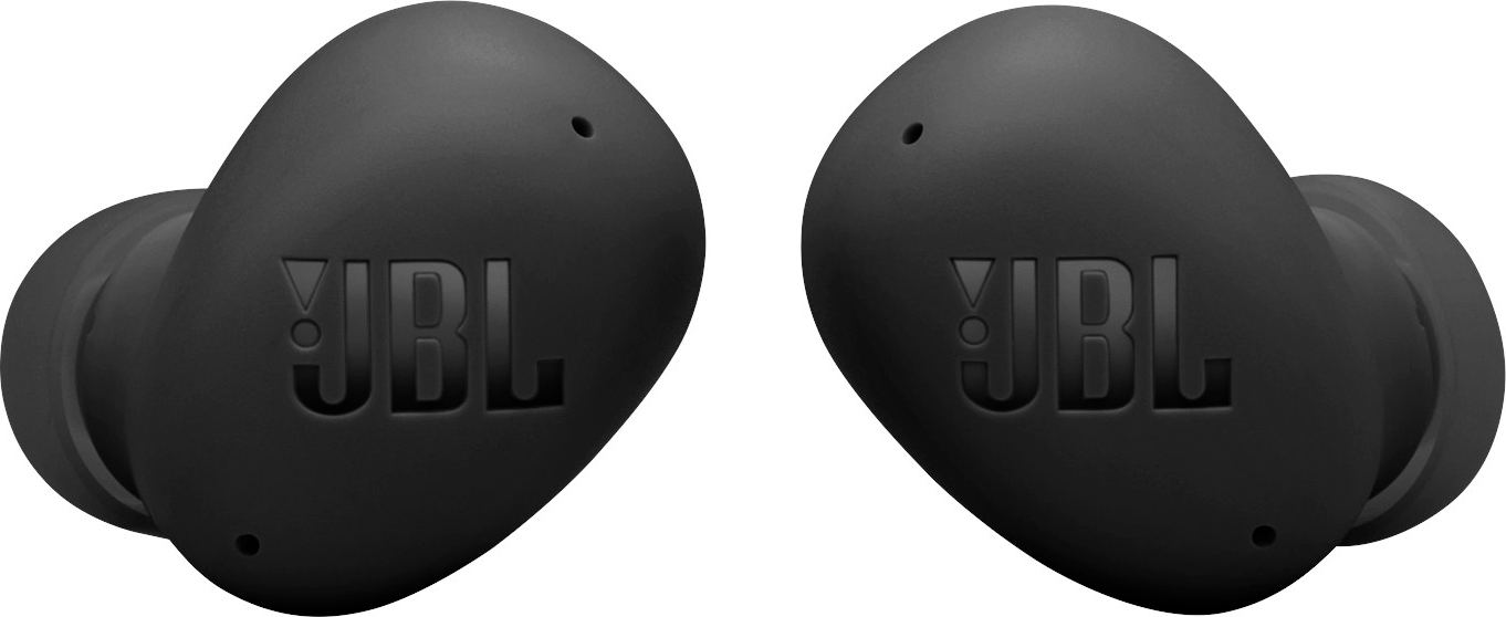 Coppia di auricolari JBL neri, primo piano, sfondo bianco.
