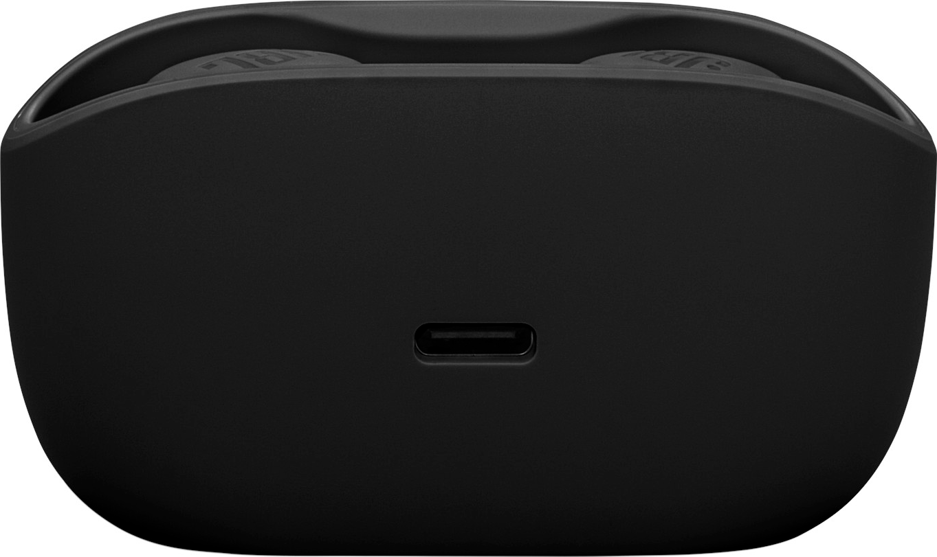 Custodia di ricarica per auricolari JBL nera con porta di ricarica.