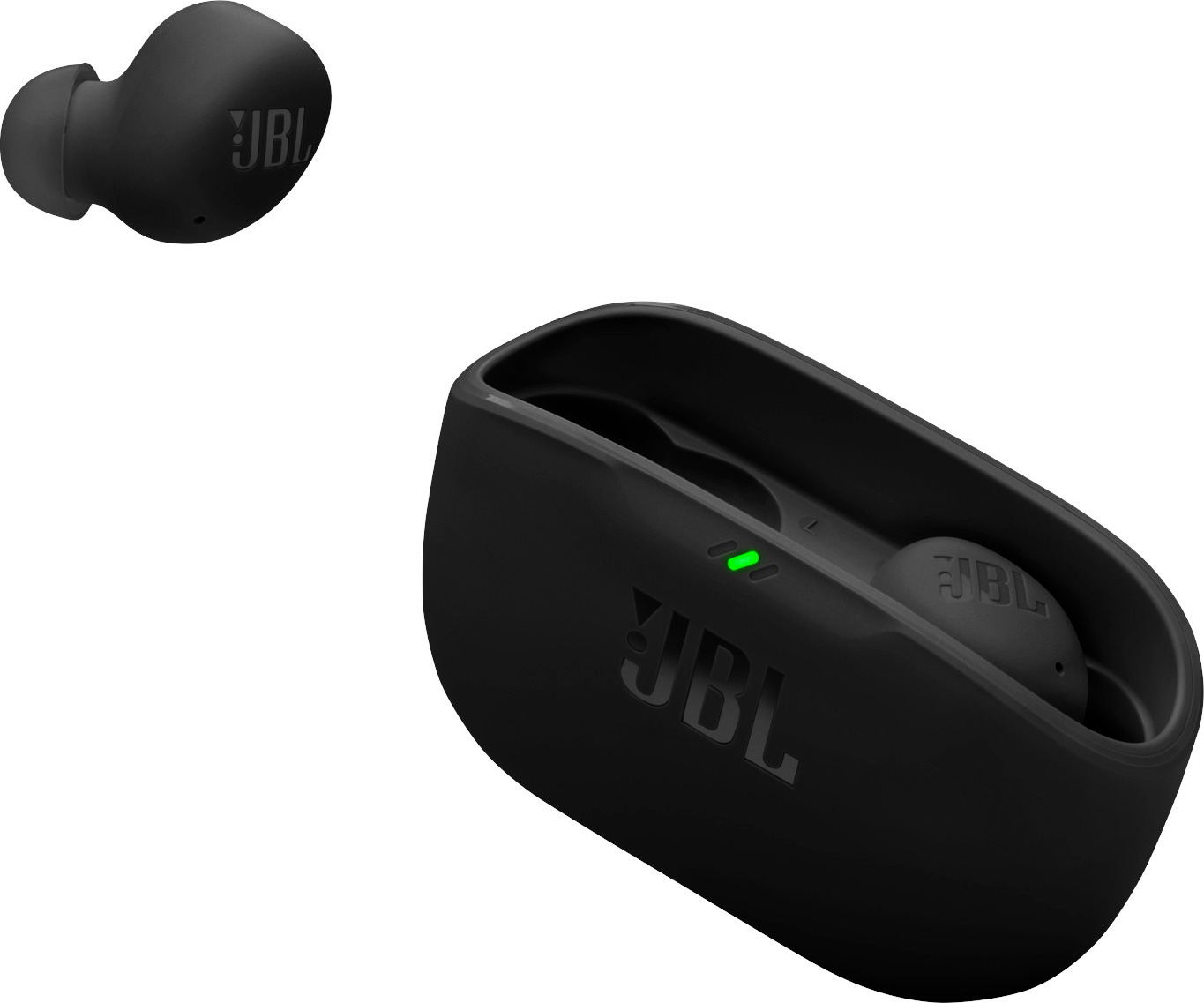 Auricolari JBL neri e custodia di ricarica, con indicatore di carica verde sulla custodia.