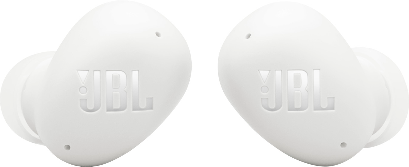 Zwei weiße JBL-Ohrhörer, schlichtes Design, mit dem JBL-Logo auf jedem sichtbar.
