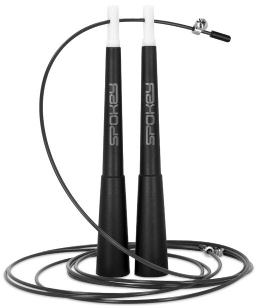 Czarny skakanka z czarnymi uchwytami i białymi końcówkami. Srebrny kabel i złącza.