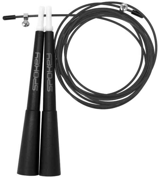 Czarny skakanka z czarnymi uchwytami i napisem 'SPOKEY'. Białe końce na linie.