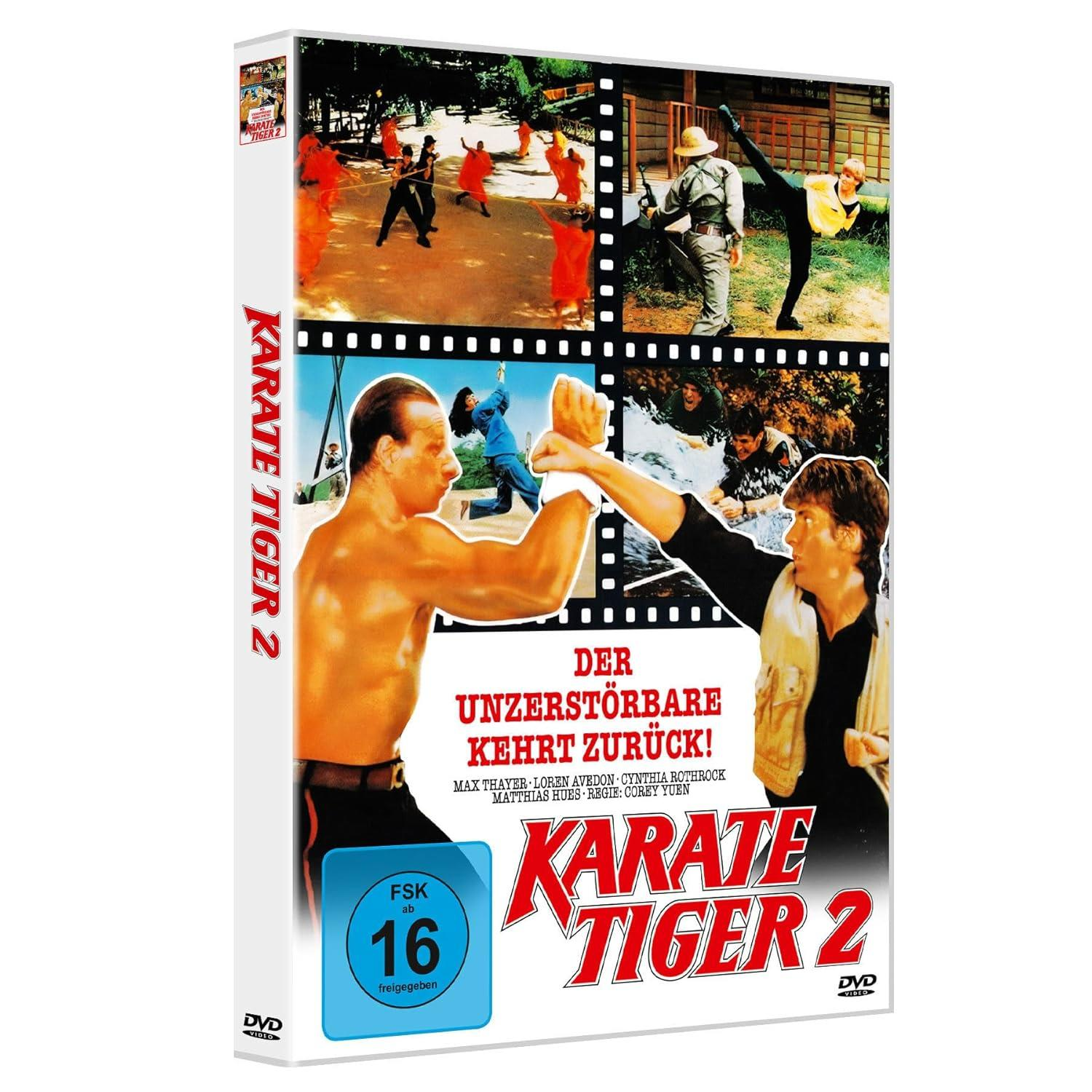 DVD-Cover von 'Karate Tiger 2' mit Actionszenen, einem Mann im Gi und Text auf Deutsch.