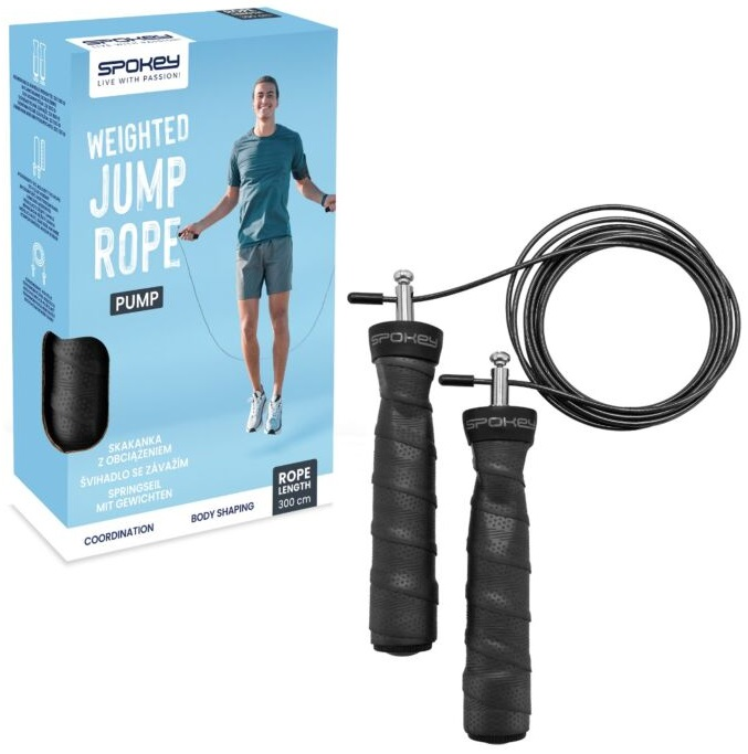 Obciążona skakanka i jej pudełko. Na pudełku mężczyzna skacze na skakance.