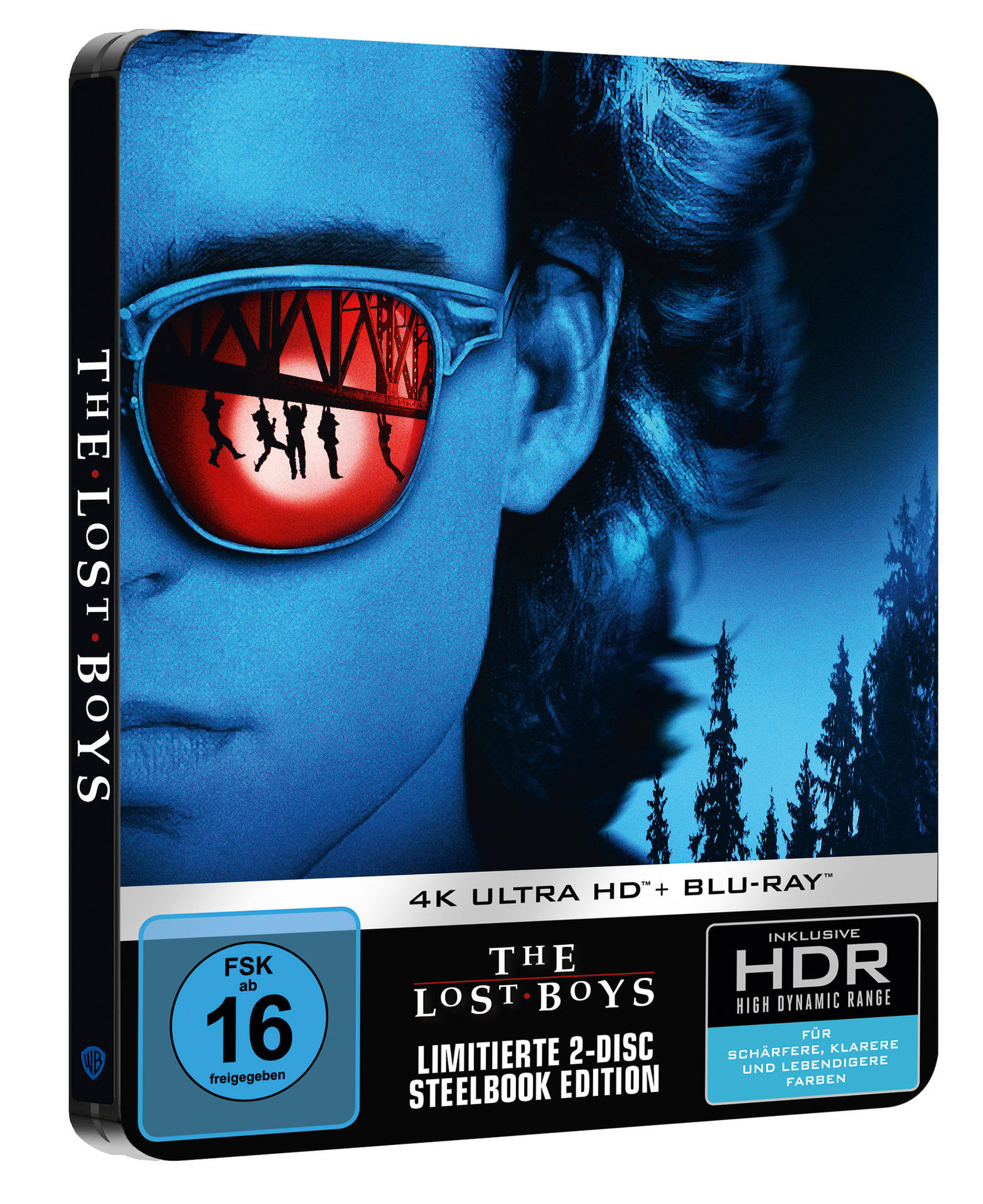 The Lost Boys DVD-Hülle. Ein Gesicht spiegelt sich in der Sonnenbrille. Text ist auf Deutsch.