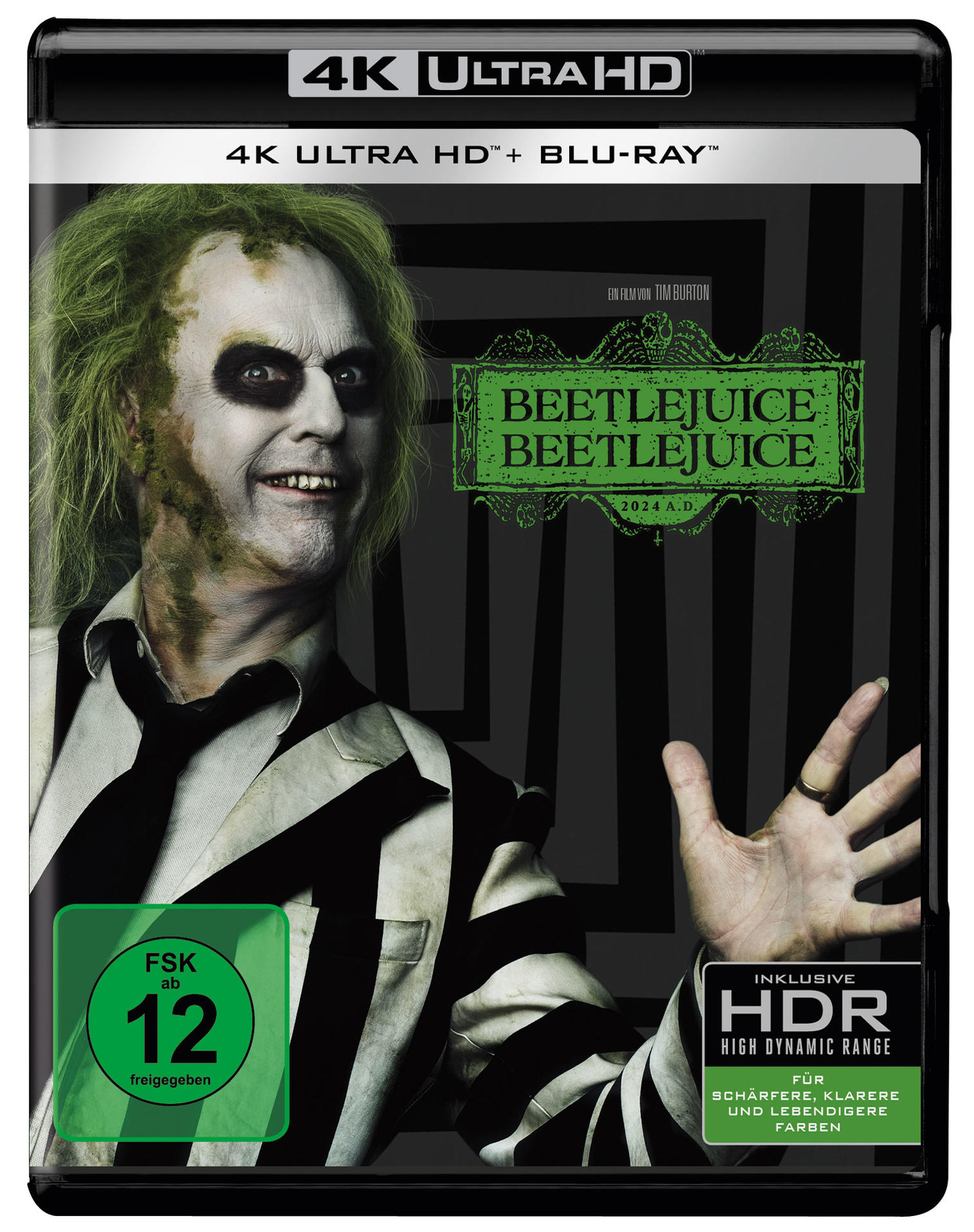 Blu-ray-Cover: Mann im gestreiften Anzug mit grünen Haaren. Text: Beetlejuice.