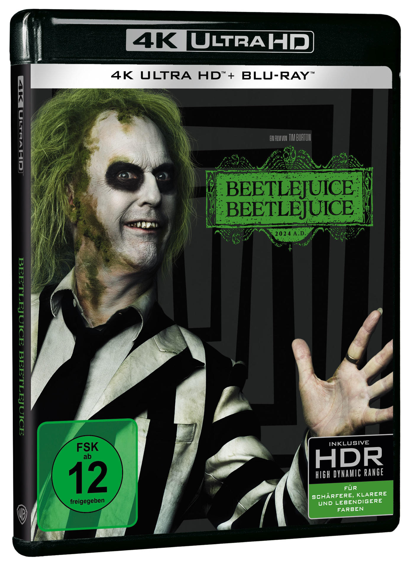 Beetlejuice-Filmcover. Mann in Schwarz-Weiß-Anzug. Grün-schwarzer Text, weißer Hintergrund.