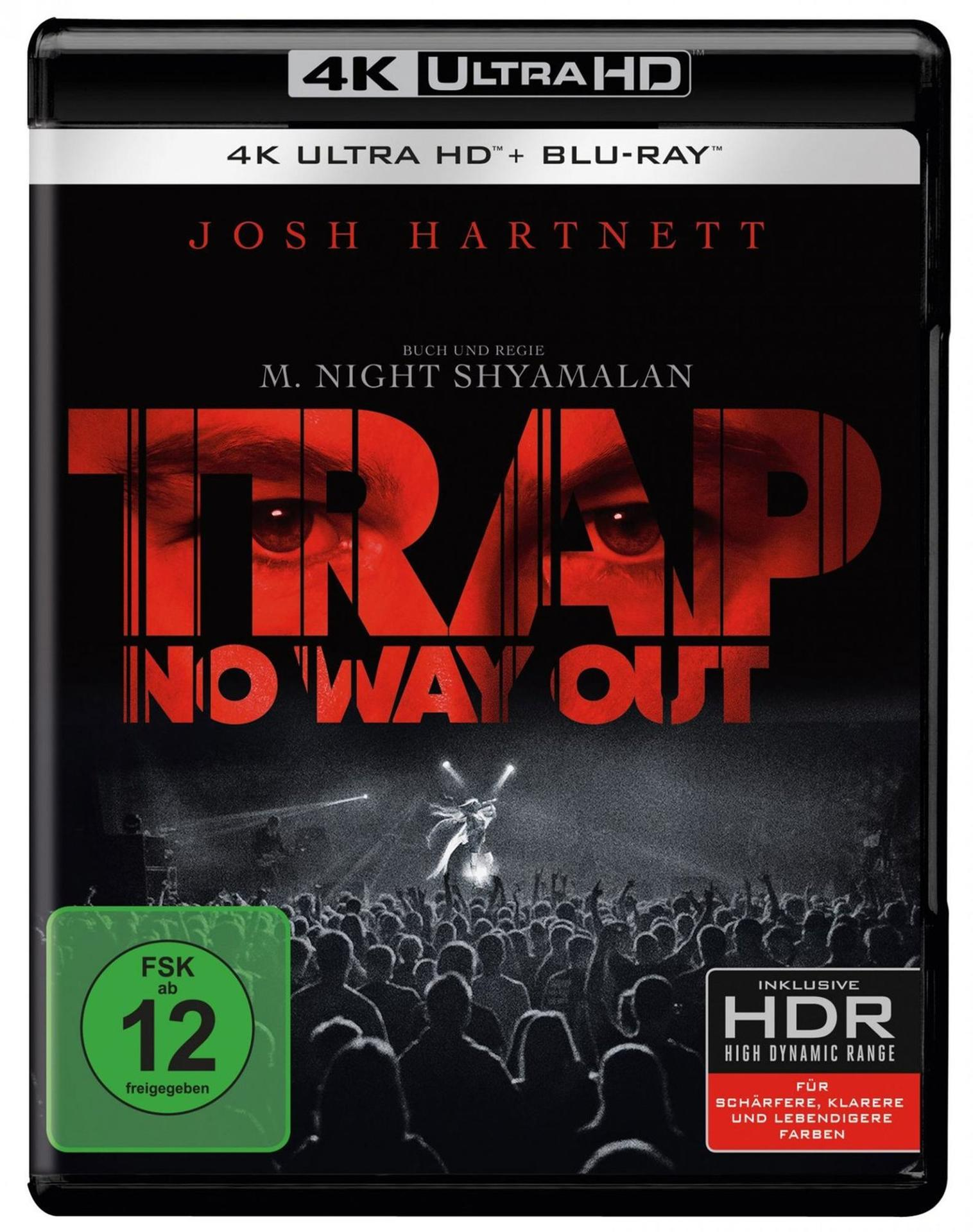 Filmcover von Trap. Roter Titel mit Augen. Schwarzer Hintergrund mit einer Menschenmenge.
