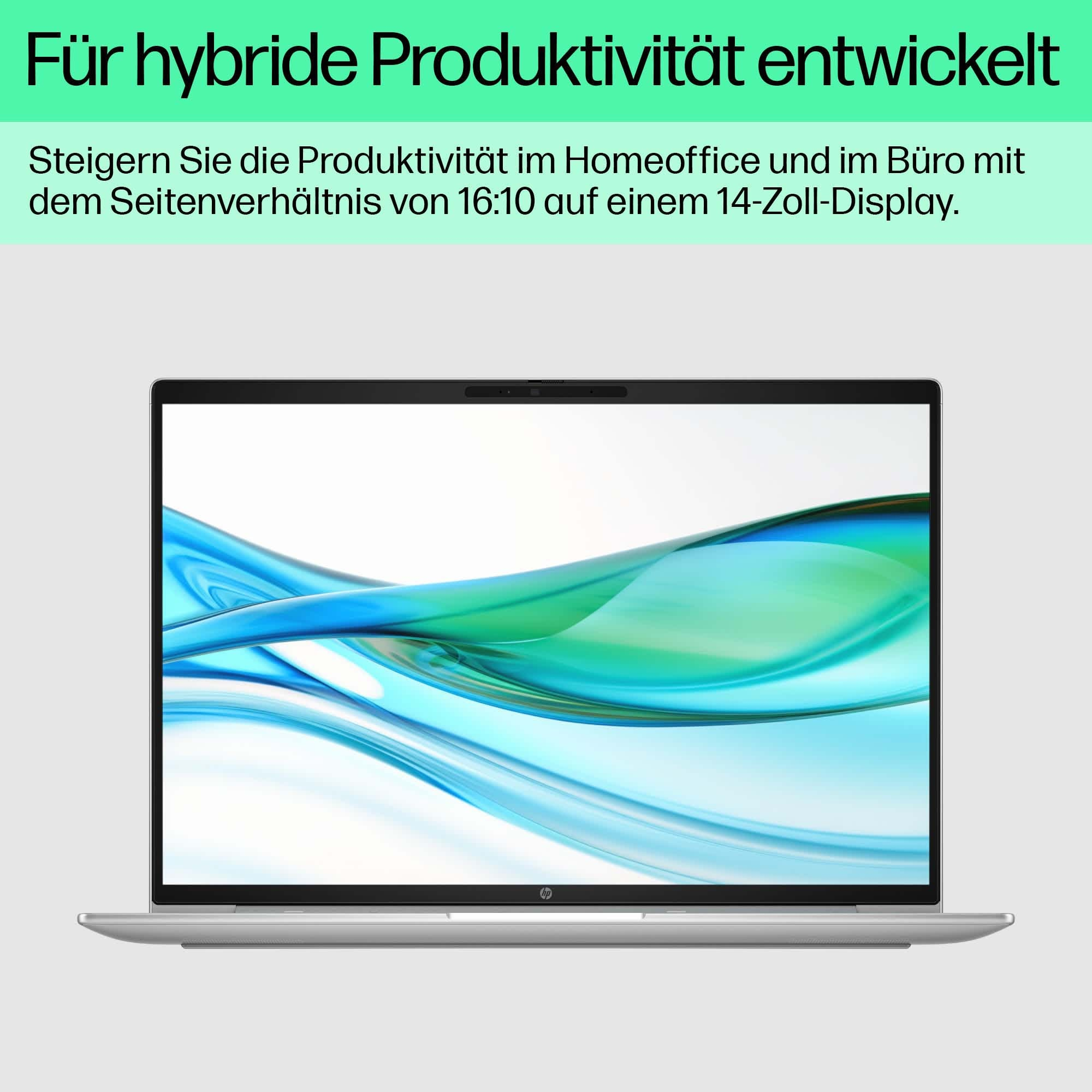 Laptop mit hellem Bildschirm, Text auf Deutsch. Weißer Hintergrund.
