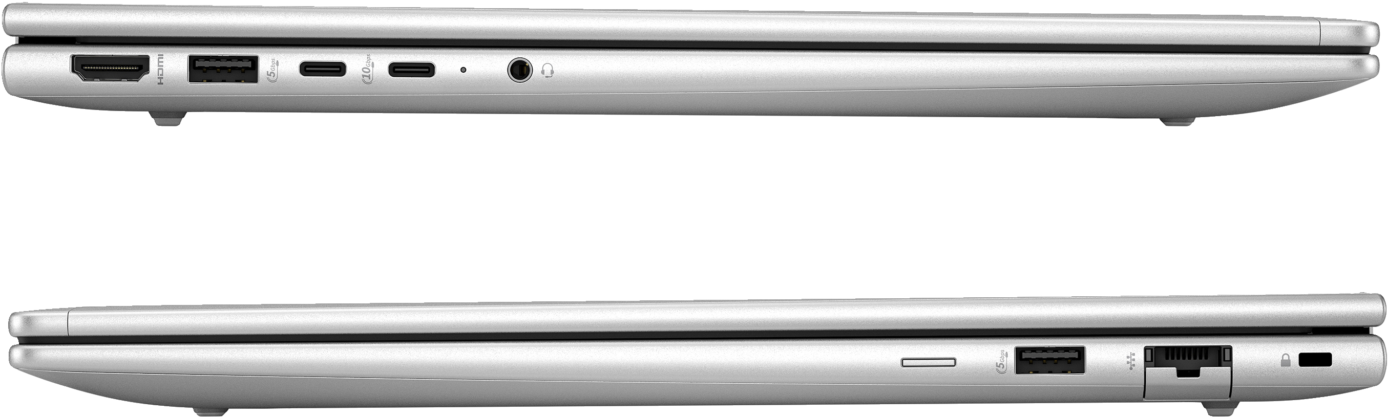 Seitenansicht eines silbernen Laptops, Anschlüsse wie HDMI, USB und Ladeanschluss.