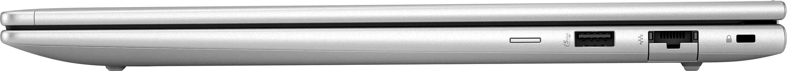 Seitenansicht eines Laptops mit silbernem Finish. Sichtbar sind Anschlüsse, darunter USB und Netzwerk.