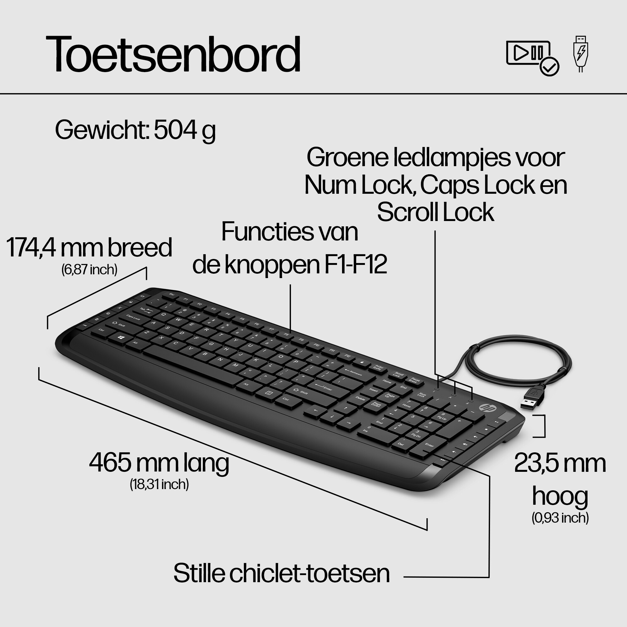 Black keyboard with labels and dimensions on white background.