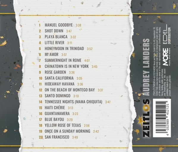 Rückseite einer CD mit Titelliste und verschiedenem Text.
