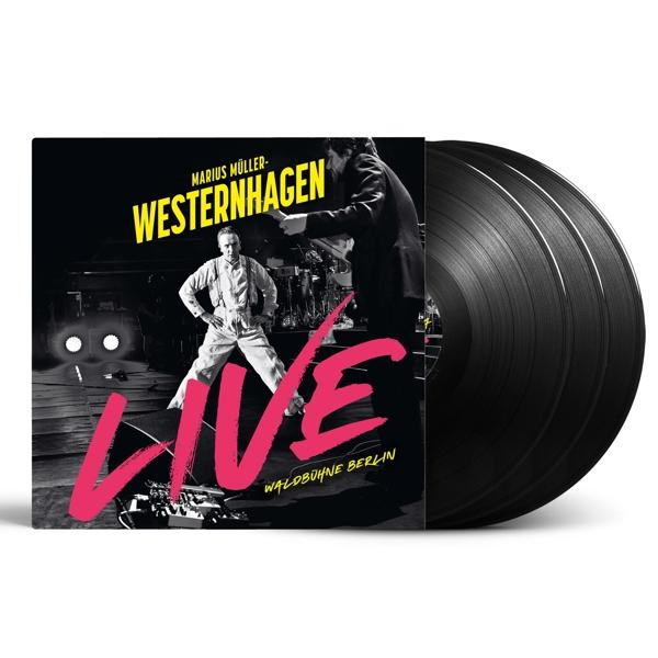Vinyl-Schallplattenhülle für 'Marius Müller-Westernhagen Live'. Ein Mann steht auf der Bühne, mit dem Albumtitel.