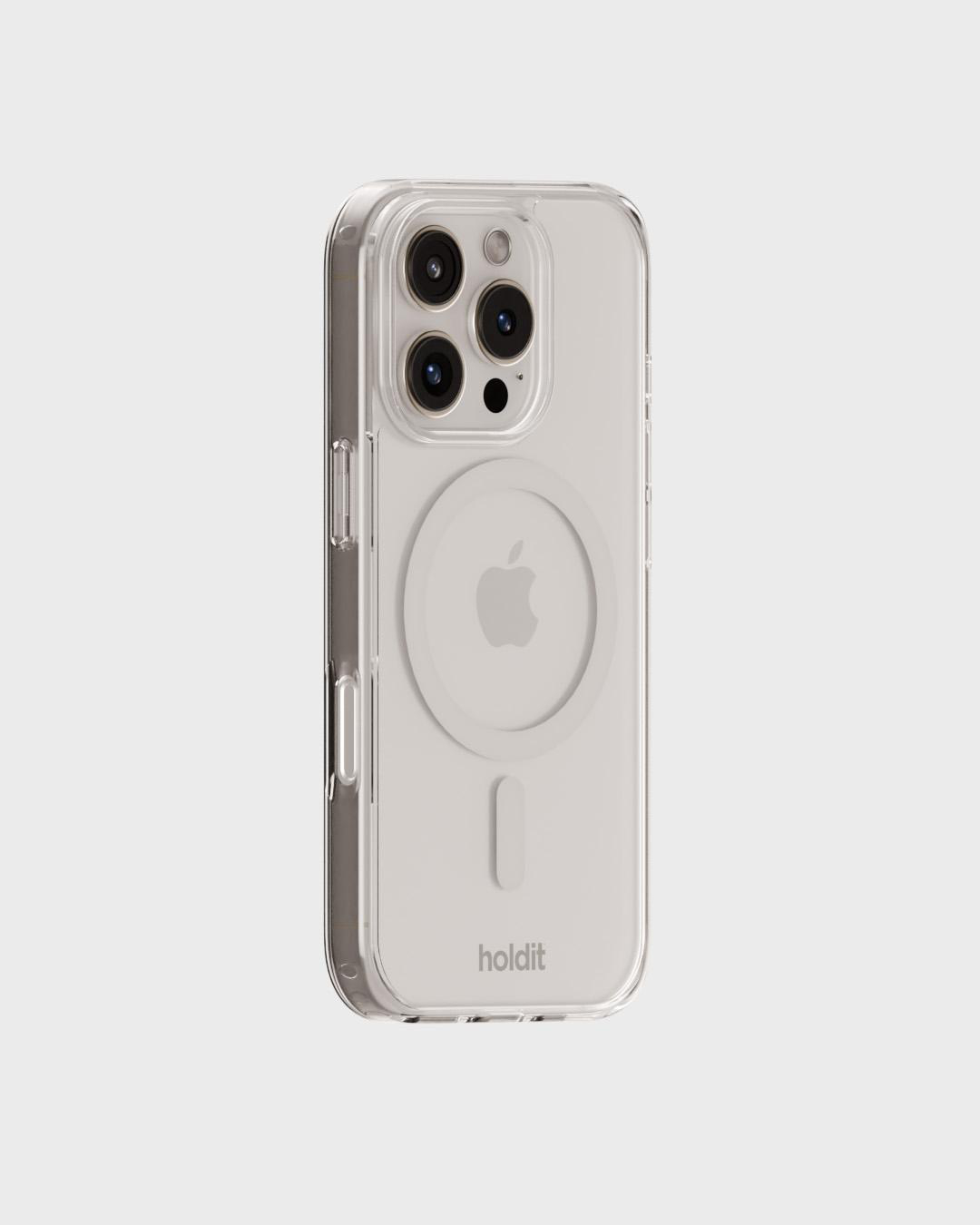 Transparente Handyhülle mit Apple-Logo, MagSafe. Weißes Telefon, auf hellem Hintergrund.