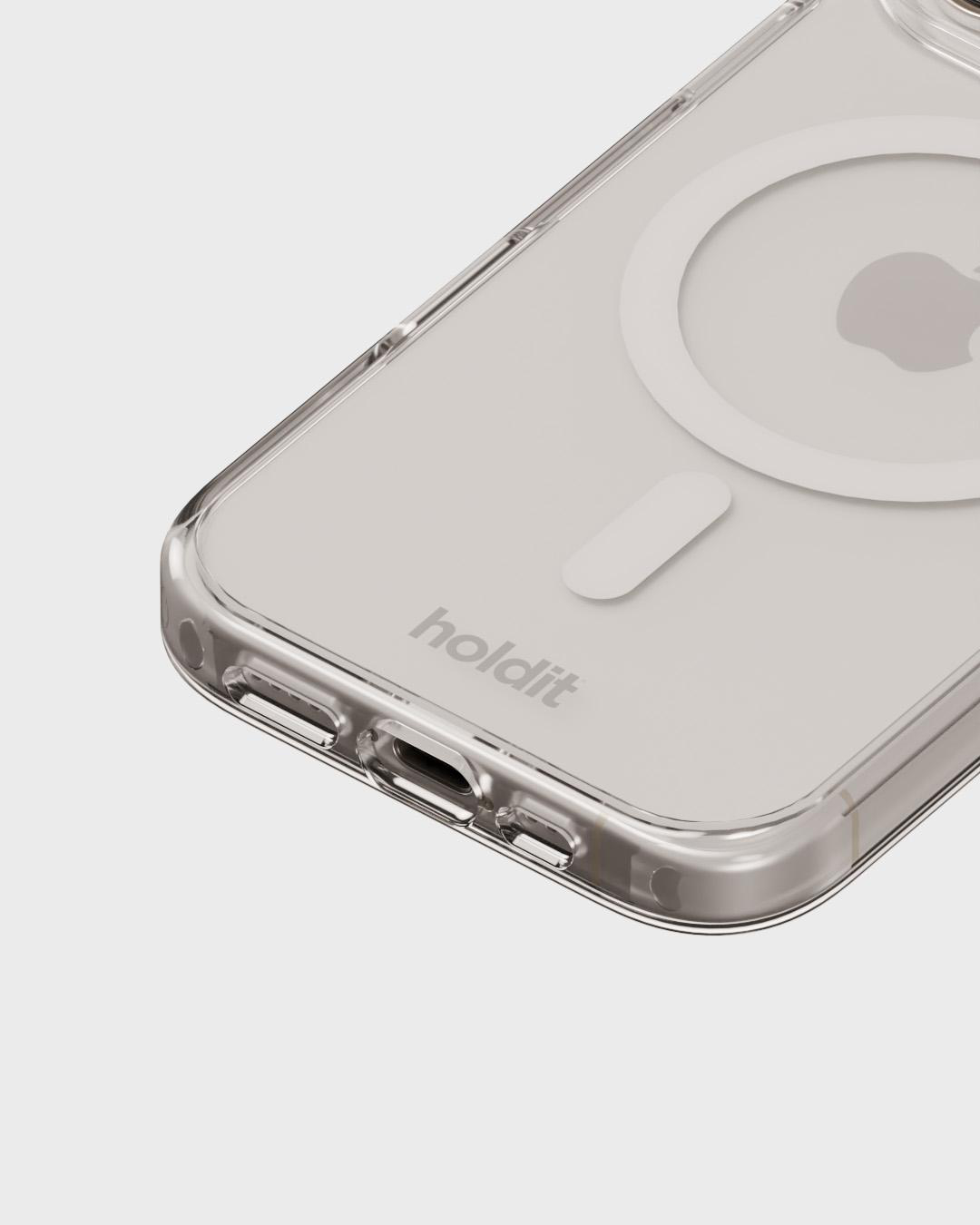 Nahaufnahme einer transparenten iPhone-Hülle mit MagSafe-Ring und Apple-Logo-Details sichtbar.