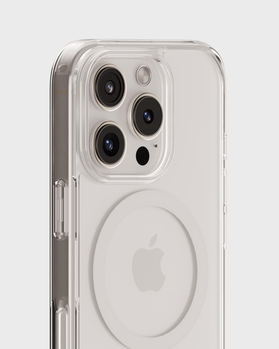 Transparente Handyhülle mit iPhone. Zeigt die Kameralinsen und das Apple-Logo auf der Rückseite.