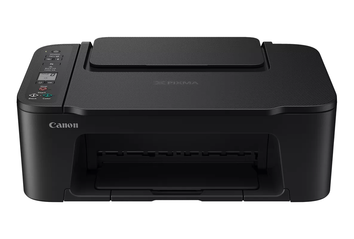 Stampante Canon Pixma nera. Scanner piano sopra, vassoio carta sotto.