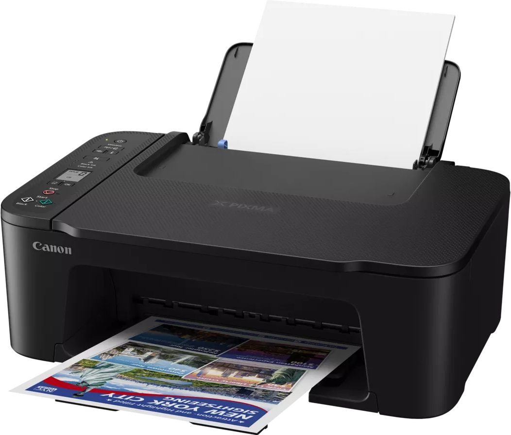 Stampante nera con carta e una pagina stampata.