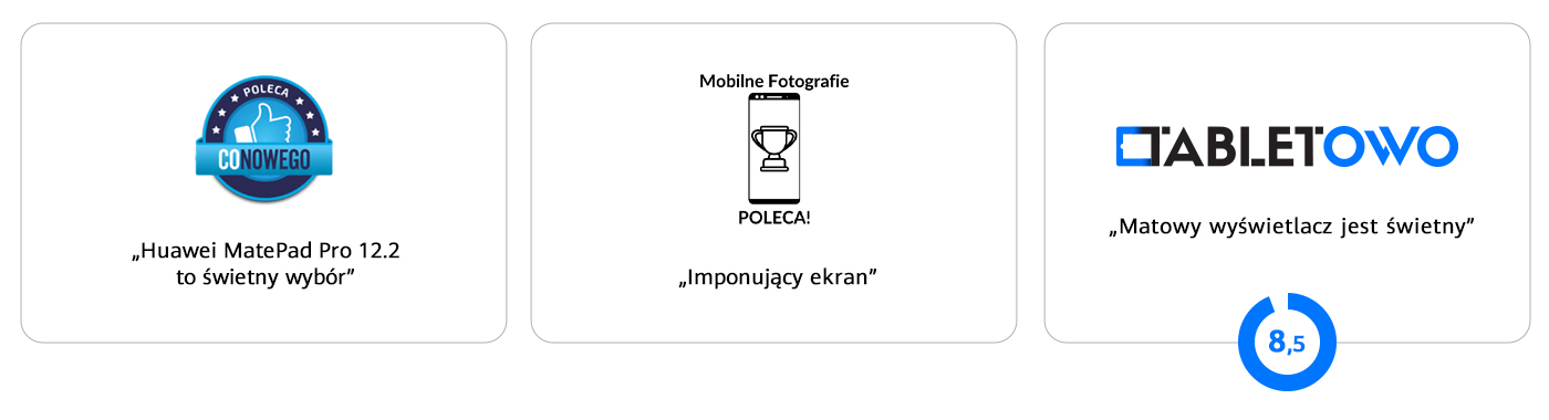 Trzy białe kwadraty z tekstem w języku polskim. Każdy ma logo i zdanie o produkcie.