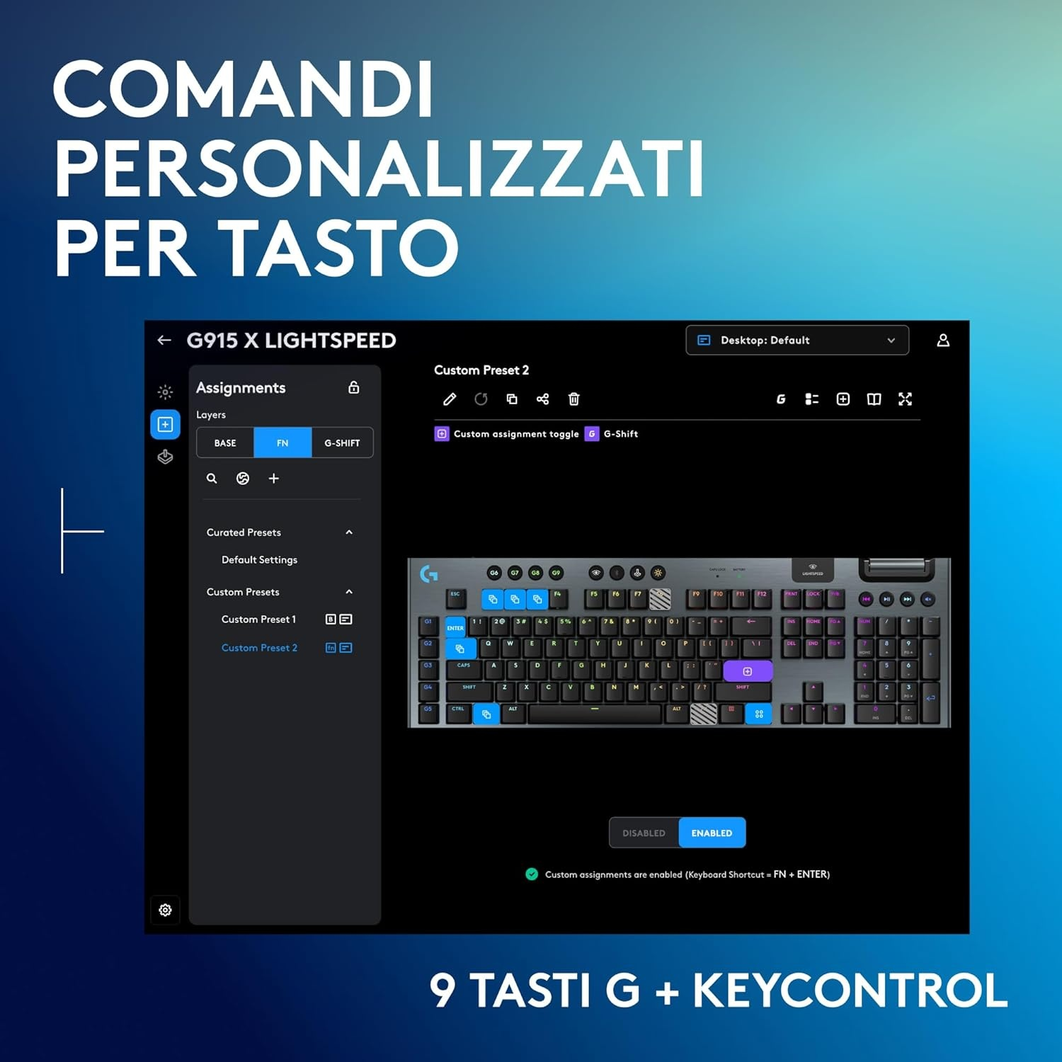 Uno schermo di computer che mostra un'interfaccia di personalizzazione della tastiera con il testo: 'G915 X LIGHTSPEED'.