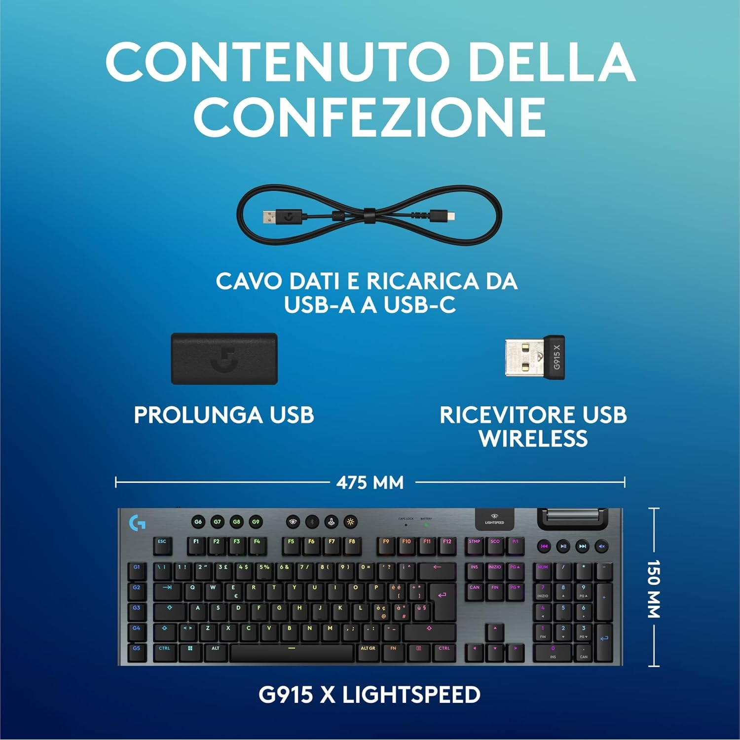 Tastiera, cavo USB, ricevitore USB e dimensioni, tutto su sfondo bianco.