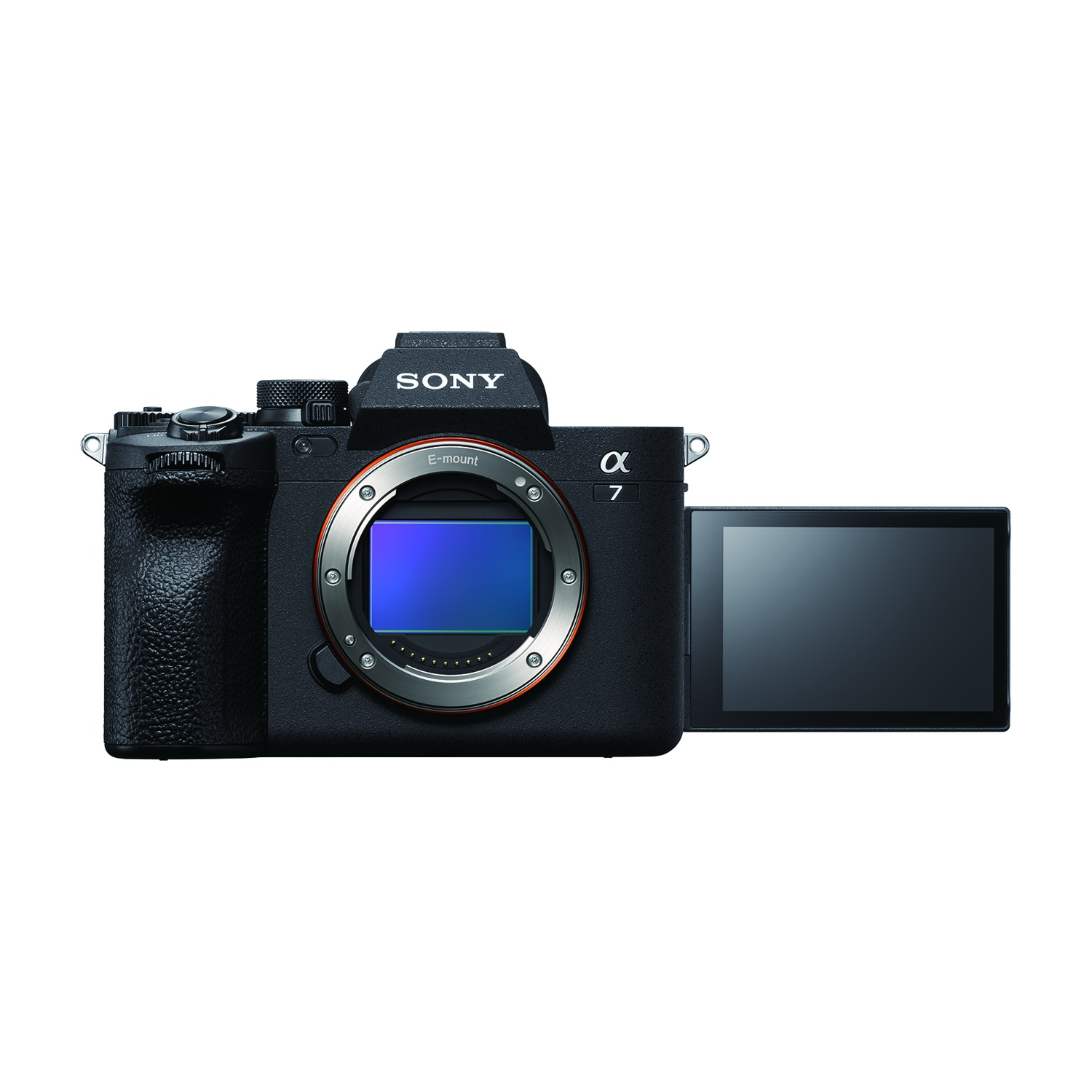 Una fotocamera Sony Alpha 7 nera con schermo aperto, che mostra un sensore blu, isolata.
