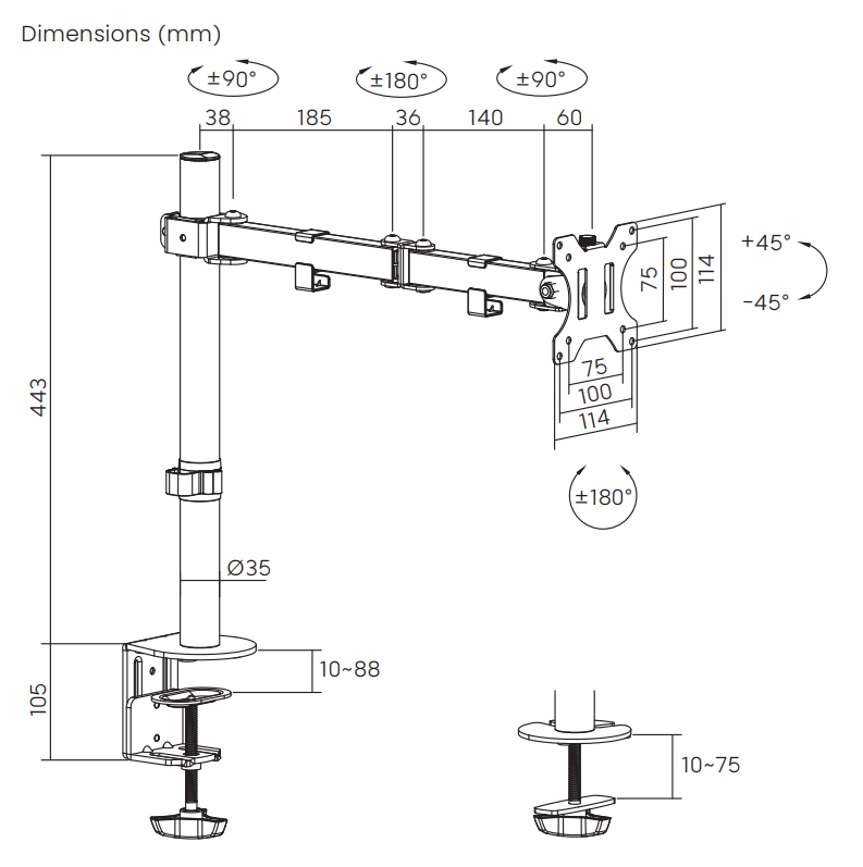 Monitorkar diagramja, méretekkel milliméterben. Fehér háttér.