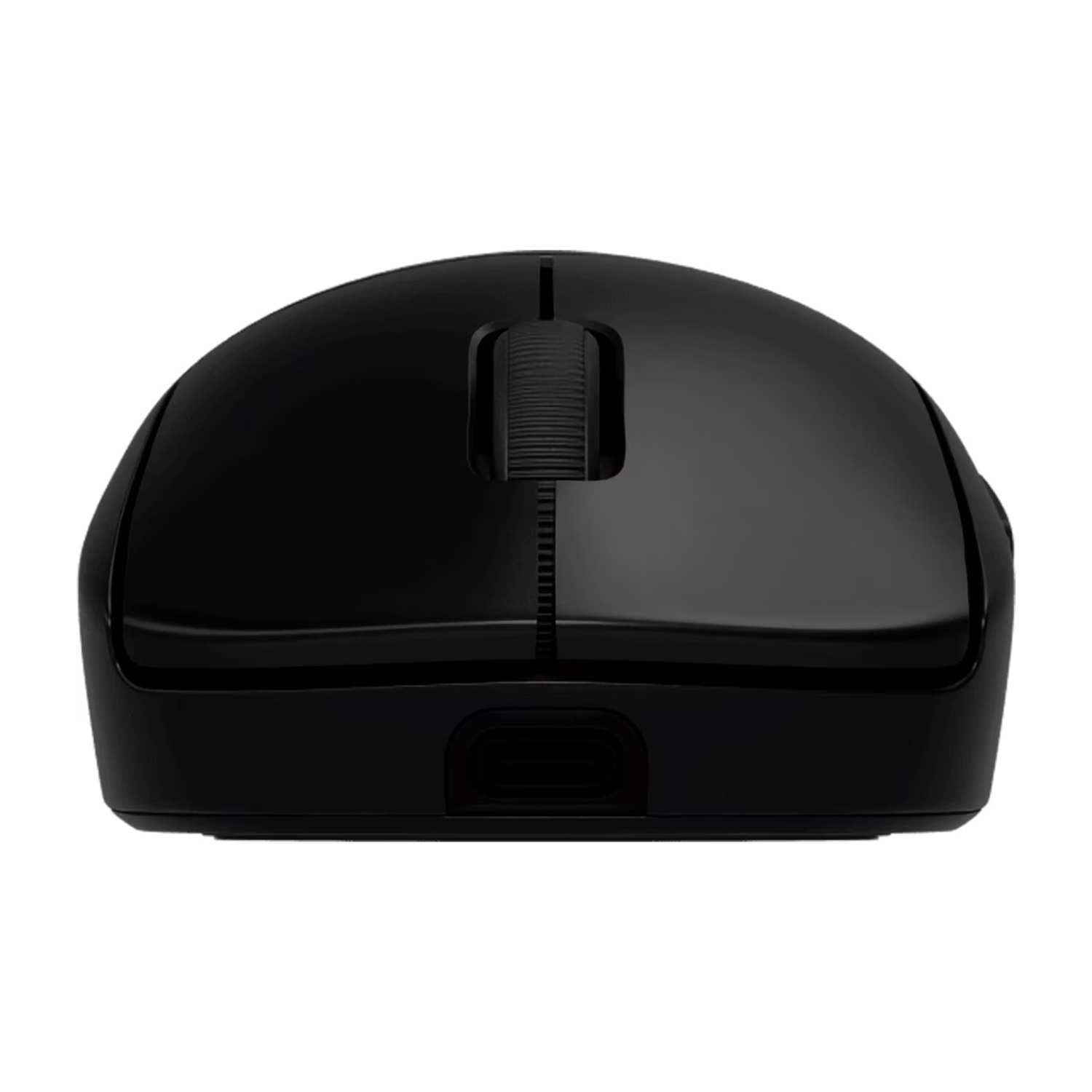 Un mouse per computer nero, vista dall'alto, che mostra la rotella e la porta di ricarica.