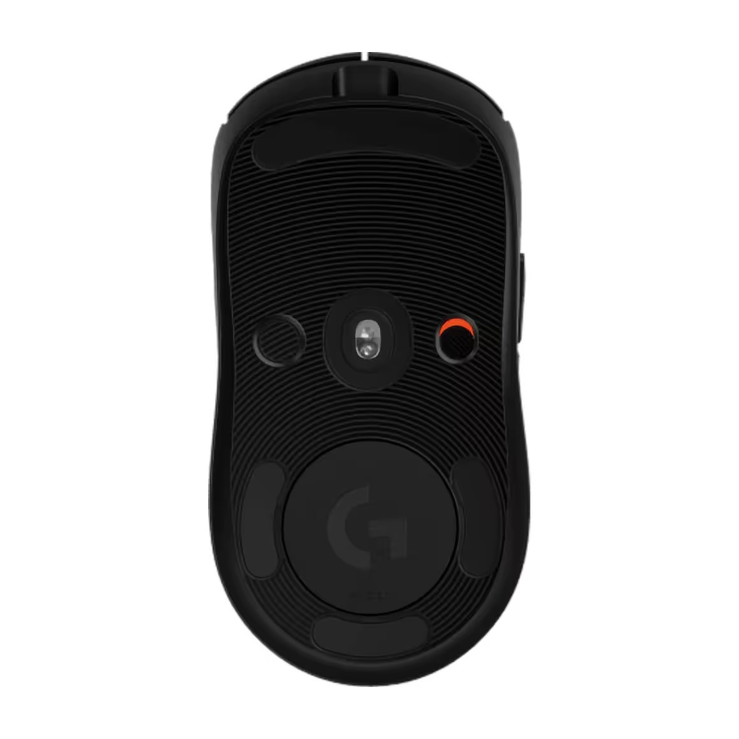 Mouse da gioco nero, vista inferiore, con logo G.