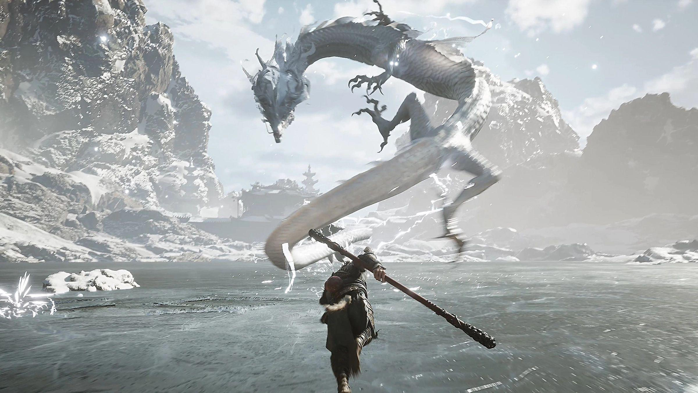 Ein Krieger steht einem Drachen in einer schneebedeckten Berglandschaft gegenüber.