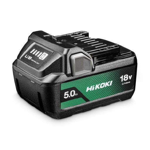 Black and green HiKOKI 18V Li-ion battery pack. Shows power level indicator and 5.0Ah capacity.