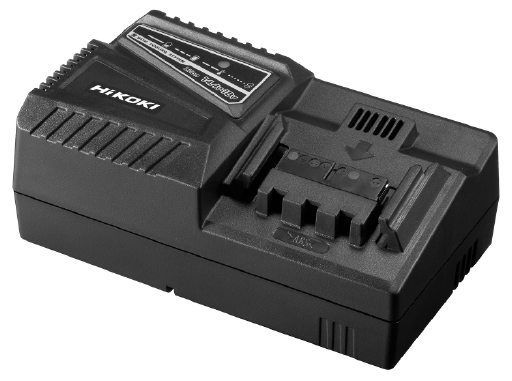 Black HiKOKI battery charger. Angled top with label and charging indicators. The background is white.