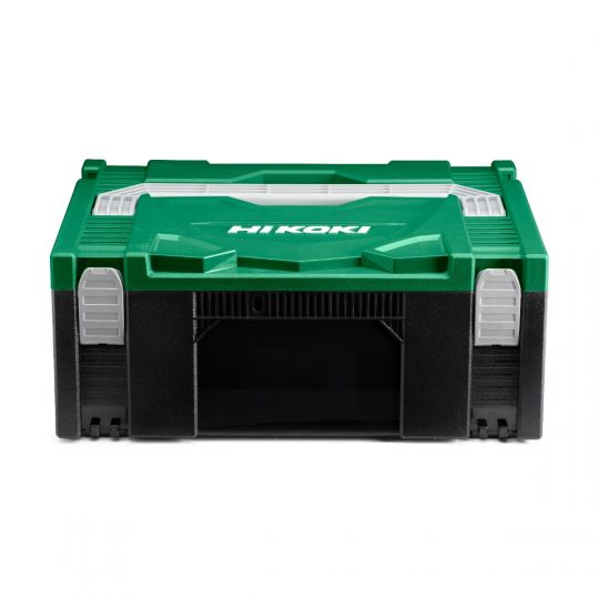 Green and black HiKOKI tool box, rectangular with a handle and side latches.