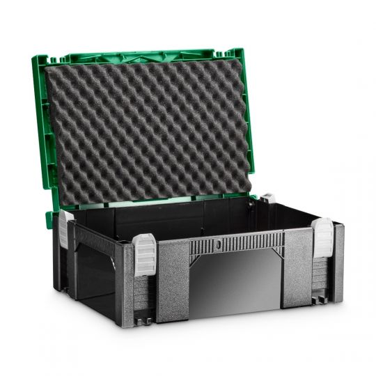 An open black toolbox with a green lid and a gray foam interior, white background.