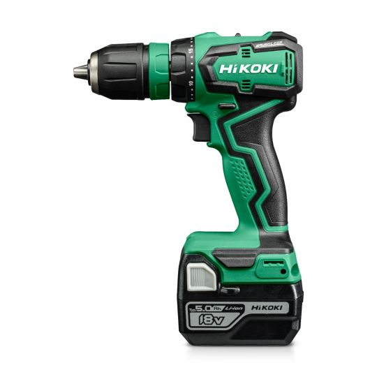 Green and black HiKOKI cordless drill, with a battery and drill bit.