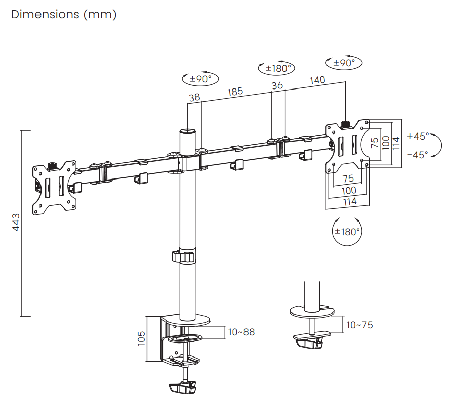 Két monitoros tartó diagramja méretekkel és szögekkel.