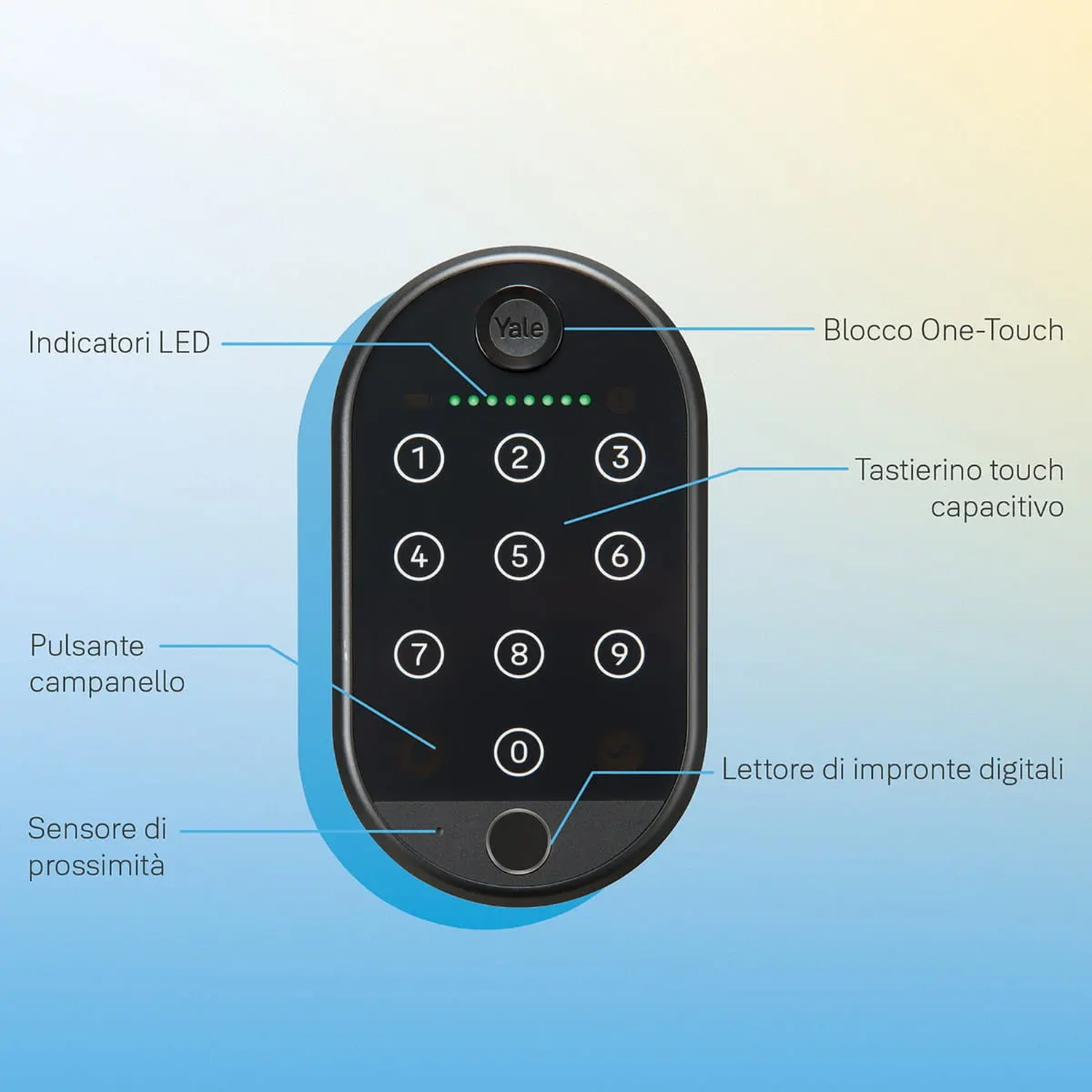 Tastierino serratura intelligente nero con numeri e logo Yale. Touchpad e lettore di impronte digitali.